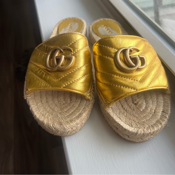 Gucci Shoes - Gucci gold Espadrille Sandal Slides